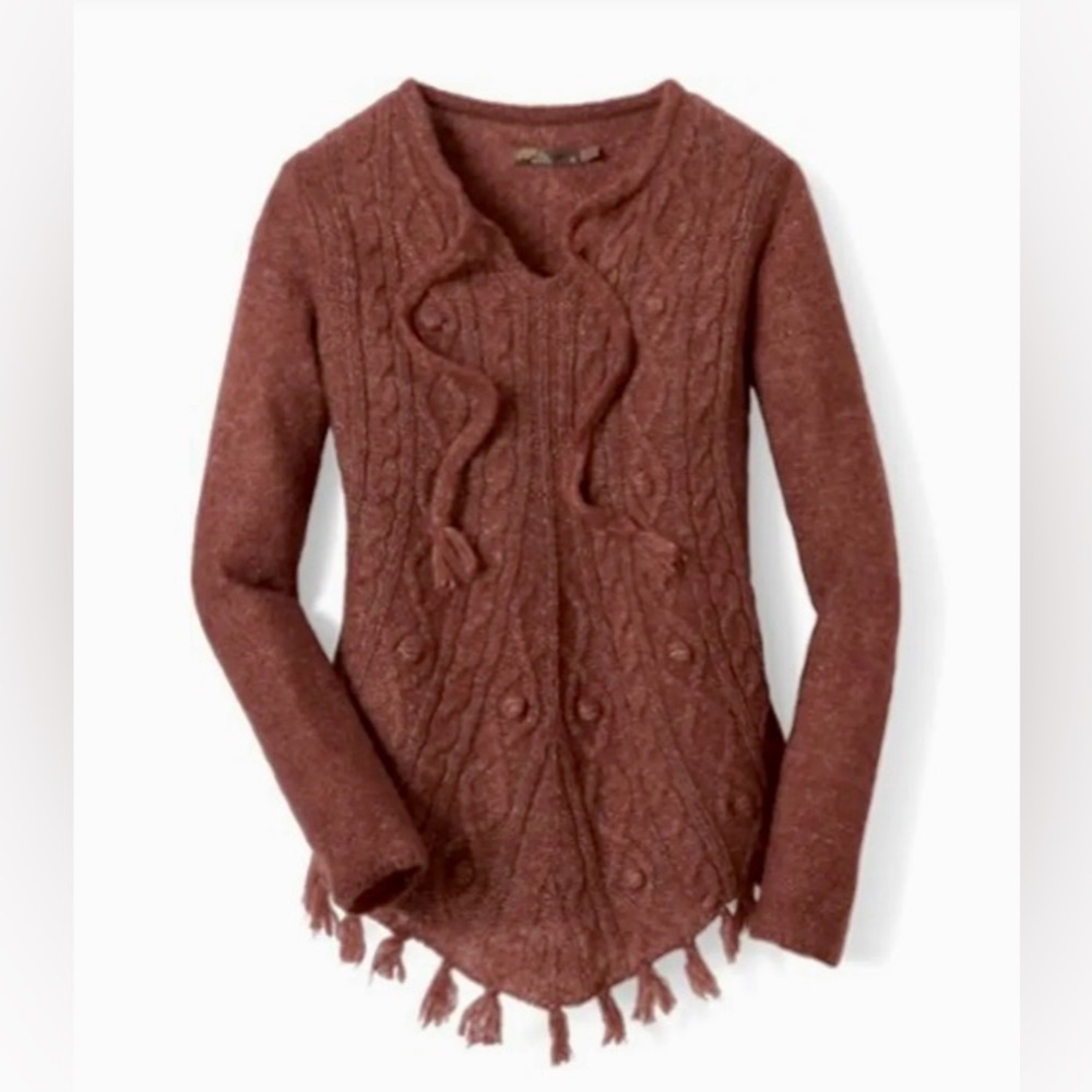 EUC PRANA Fringed Acrylic/Wool Shelby Cable Knit Poncho Sweater M Terracotta